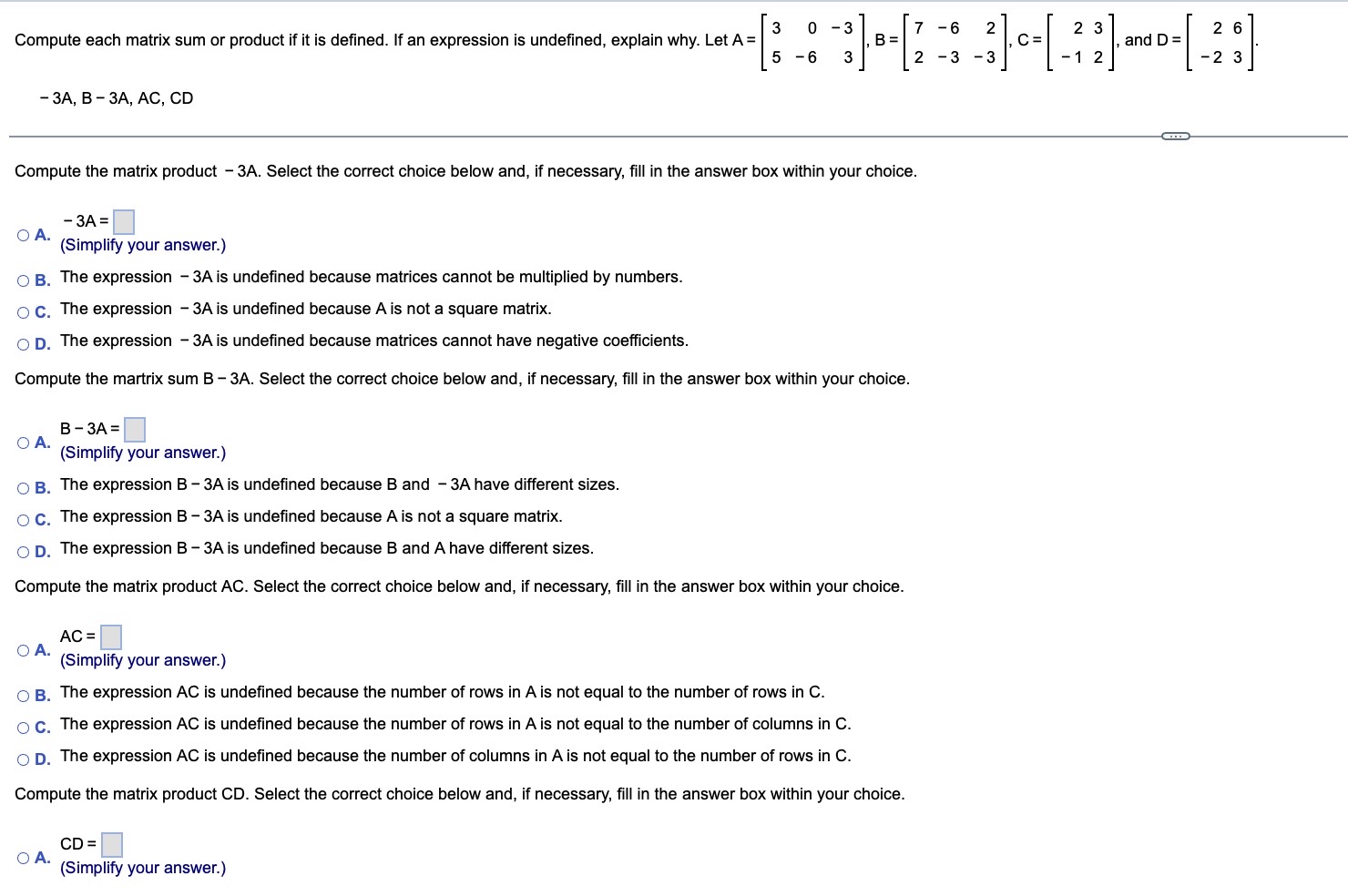 Solved −3A,B−3A,AC,CD Compute the matrix product −3A. Select | Chegg.com