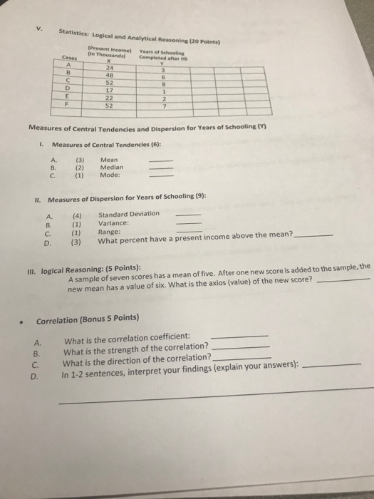 Solved V. Statistics: Logical and Analytical Reasoning (20 | Chegg.com