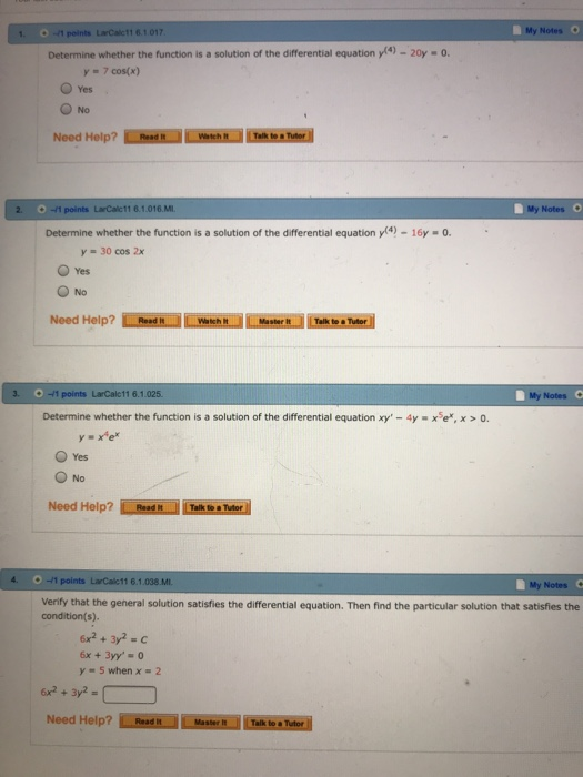 Solved My Notes Determine whether the function is a solution | Chegg.com