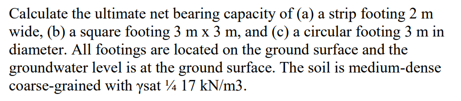 Calculate the ultimate net bearing capacity of (a) a strip footing \( 2 \mathrm{~m} \) wide, (b) a square footing \( 3 \mathr