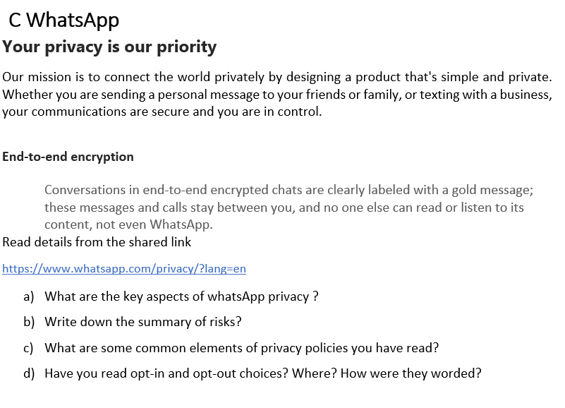 Solved C WhatsApp Your privacy is our priority Our mission | Chegg.com