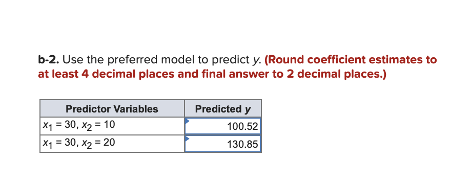 Solved b-2. Use the preferred model to predict y. (Round | Chegg.com