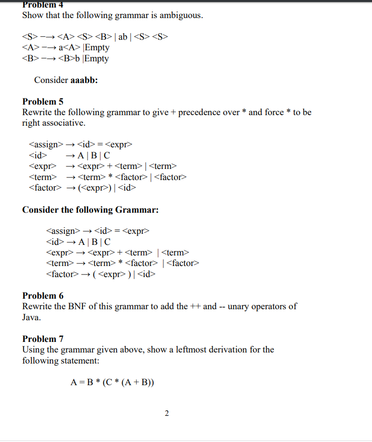 Solved Problem 4 Show That The Following Grammar Is | Chegg.com