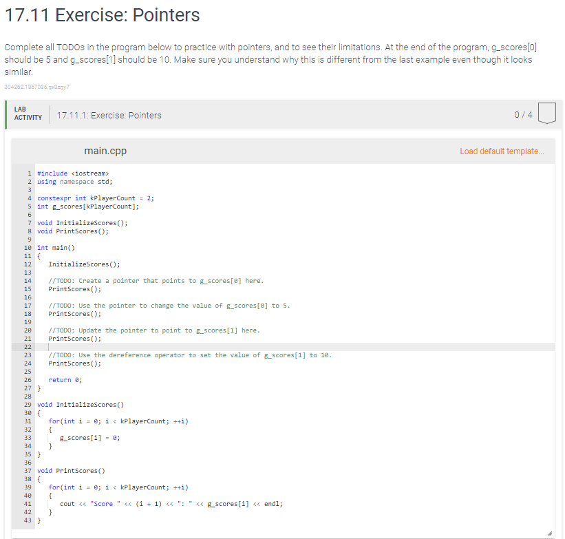 Solved 17.11 Exercise: Pointers Complete all TODOs in the | Chegg.com