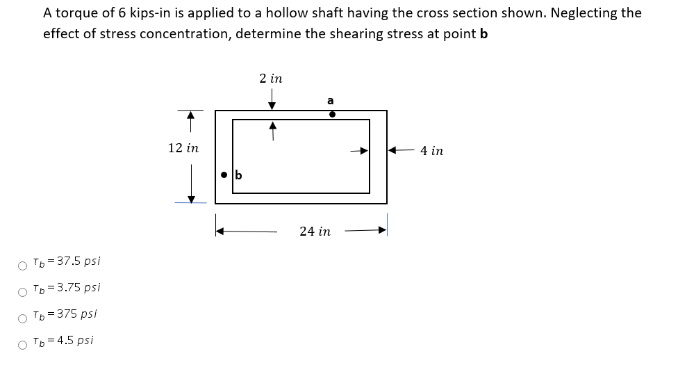 Solved A torque of 6 kips-in is applied to a hollow shaft | Chegg.com