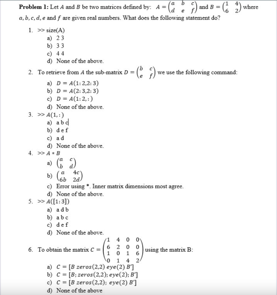 Solved A B La 6) Problem 1: Let A And B Be Two Matrices | Chegg.com