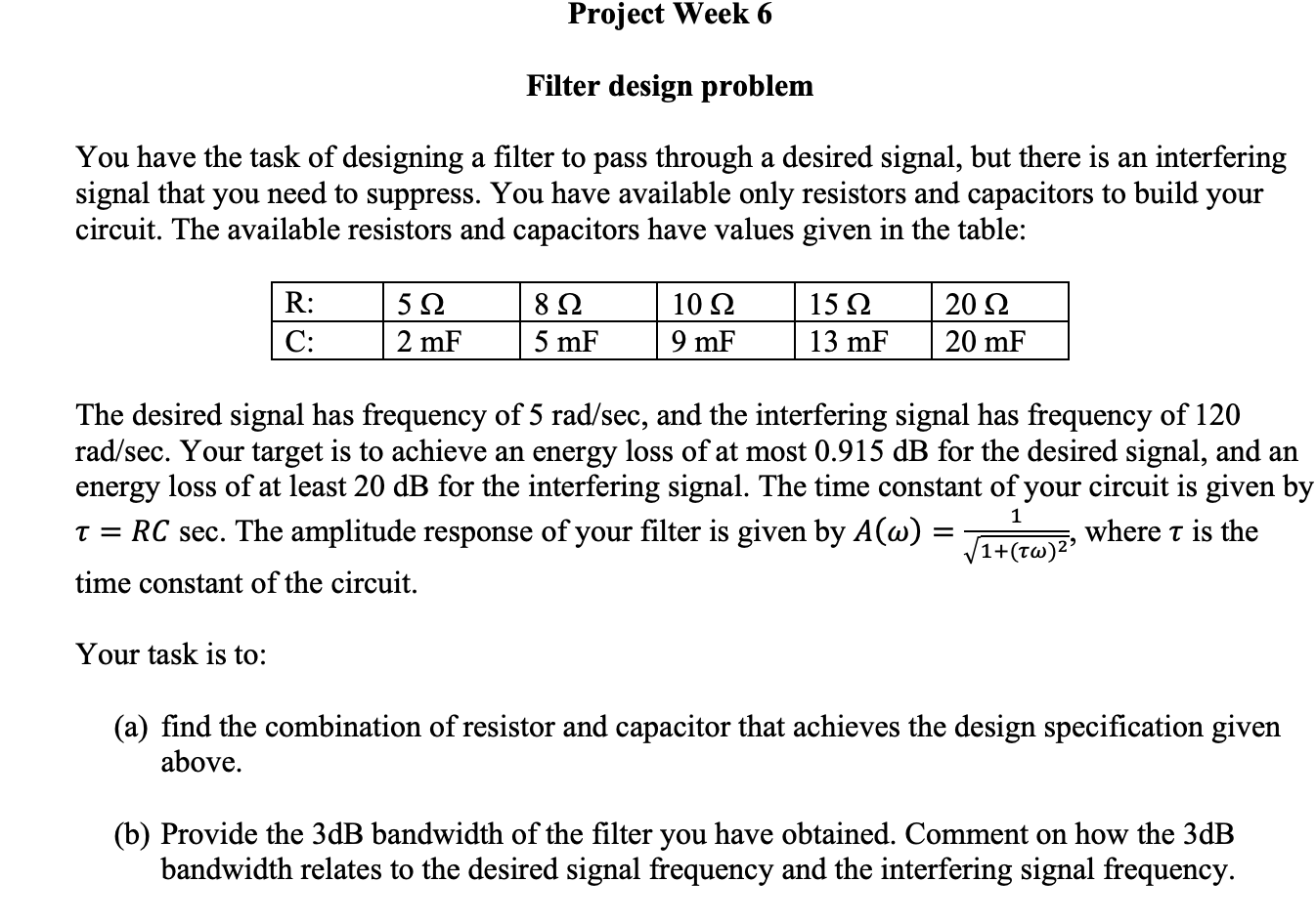 Solved Project Week 6 Filter Design Problem You Have The | Chegg.com