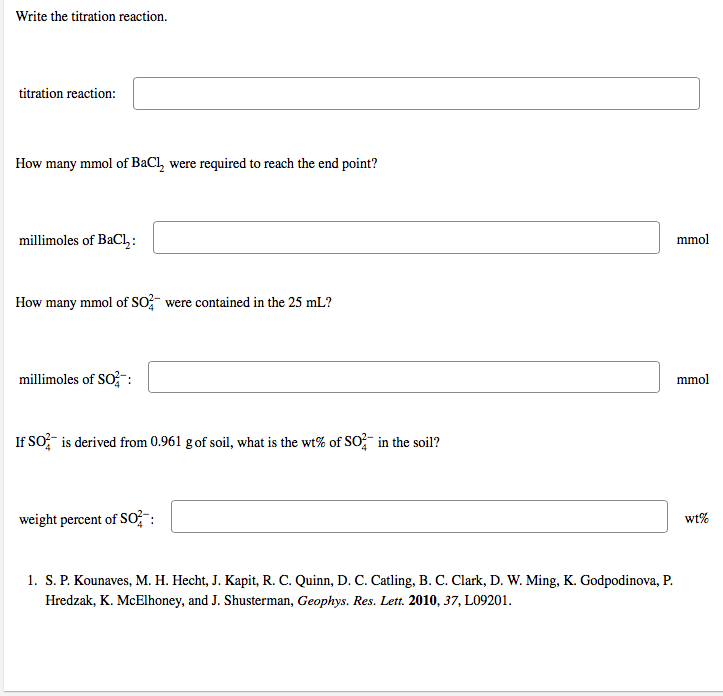 Write the titration reaction.
titration reaction:
How many mmol of \( \mathrm{BaCl}_{2} \) were required to reach the end poi