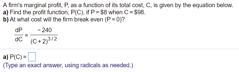 Solved A firm's marginal profit, P, as a function of its | Chegg.com