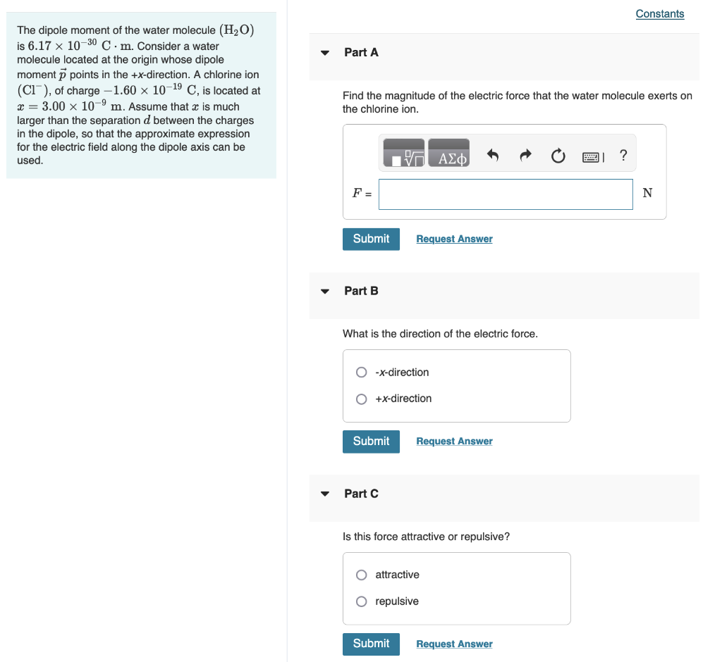 Solved Constants Part A The dipole moment of the water | Chegg.com