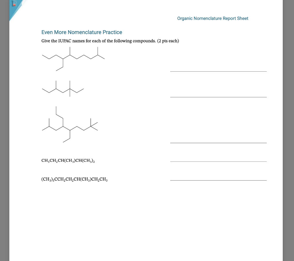 Solved Organic Nomenclature Report Sheet Even More | Chegg.com