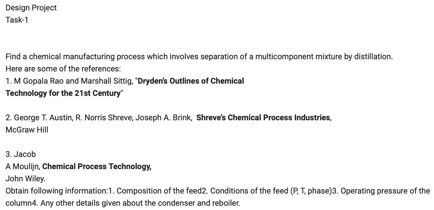Solved Design Project Task-1 Find a chemical manufacturing | Chegg.com