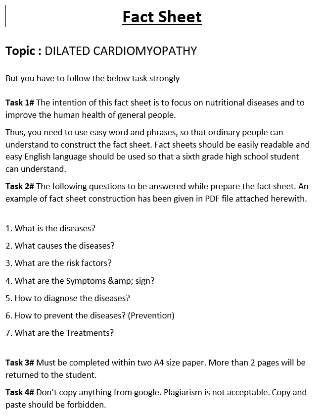 Solved Fact Sheet Topic: DILATED CARDIOMYOPATHY But you have | Chegg.com