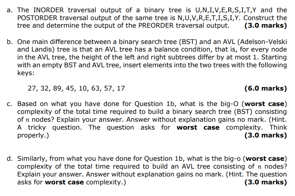 Solved A The Inorder Traversal Output Of A Binary Tree I Chegg Com