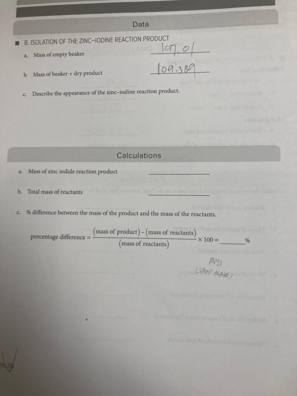 a. Mass of zinc iodide reaction product b. Total mass