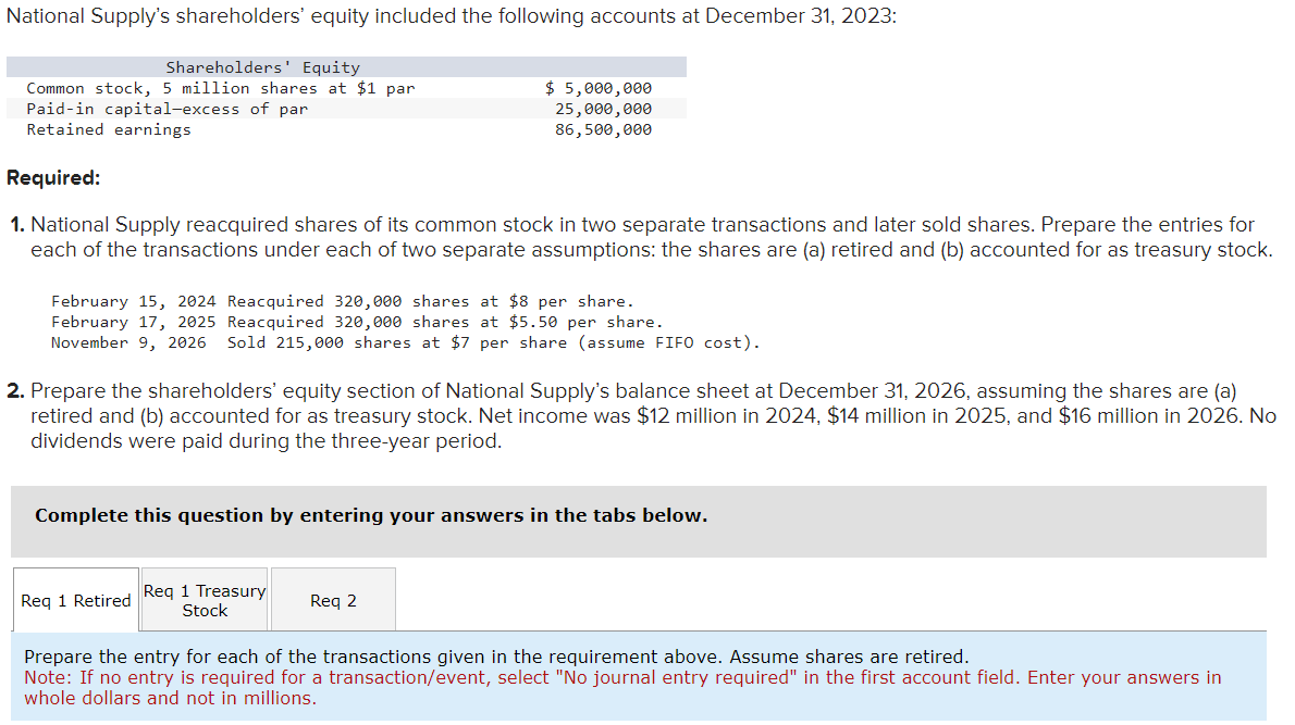 Solved 1. National Supply reacquired shares of its common | Chegg.com