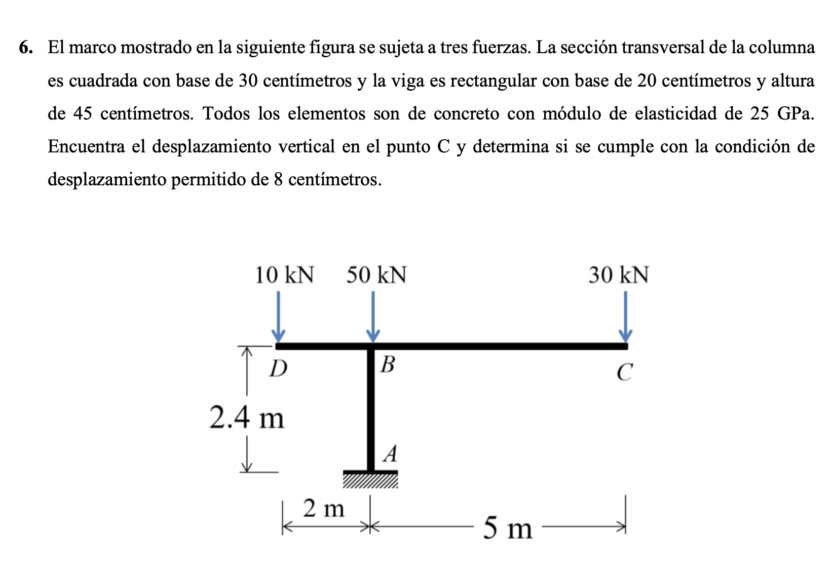 6. El marco mostrado en la siguiente figura se sujeta a tres fuerzas. La sección transversal de la columna es cuadrada con ba