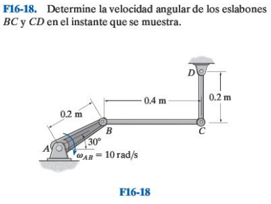 F16-18. Determine la velocidad angular de los eslabones \( B C \) y \( C D \) en el instante que se muestra. F16-18