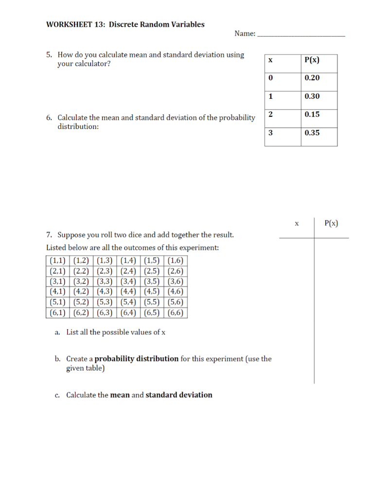 Solved WORKSHEET 22: Discrete Random Variables Name: 22. How Regarding Standard Deviation Worksheet With Answers