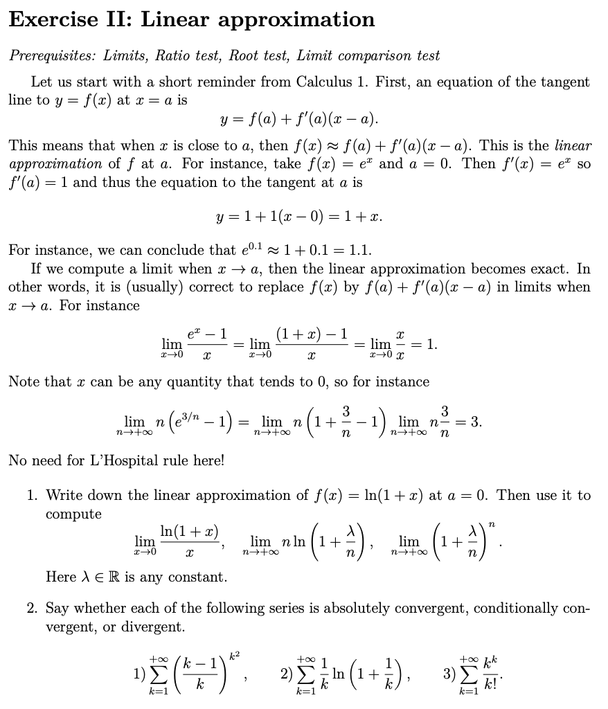 Solved Exercise II: Linear approximationPrerequisites: | Chegg.com