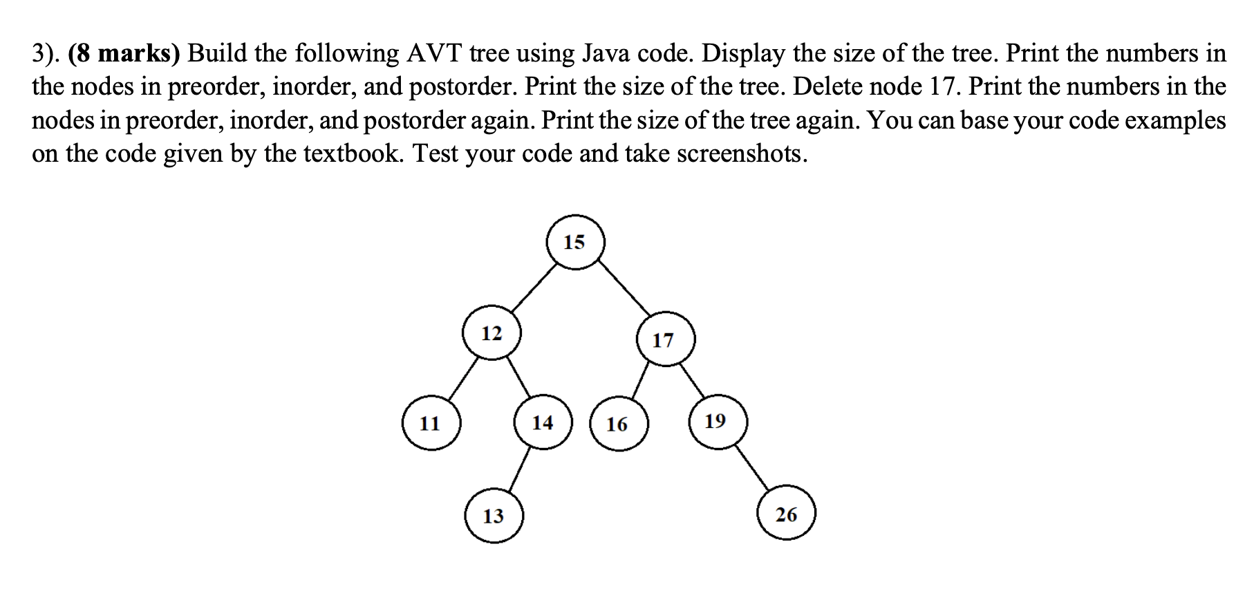 Solved 3). (8 marks) Build the following AVT tree using Java | Chegg.com