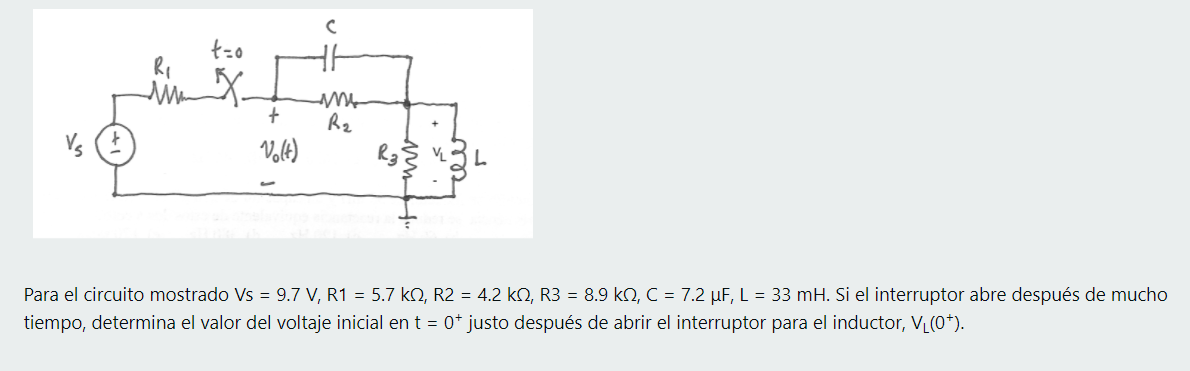 C tro Ri th üm + my R2 R₃ Volt) Para el circuito mostrado Vs = 9.7 V, R1 = 5.7 k12, R2 = 4.2 k 2, R3 = 8.9 k12, C = 7.2 JF, L