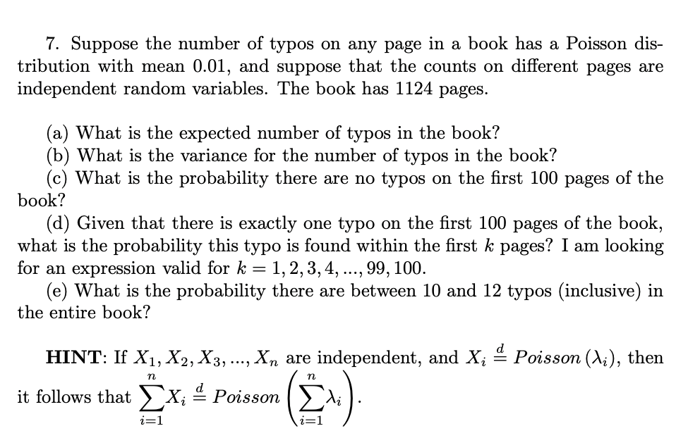 Solved 7. Suppose The Number Of Typos On Any Page In A Book | Chegg.com