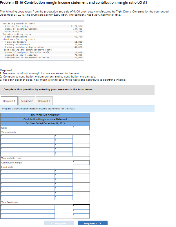 Solved Problem 18-1A Contribution margin Income statement | Chegg.com