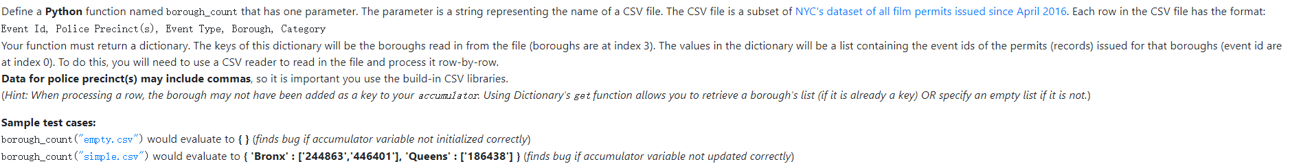 Solved Define a Python function named borough_count that has | Chegg.com