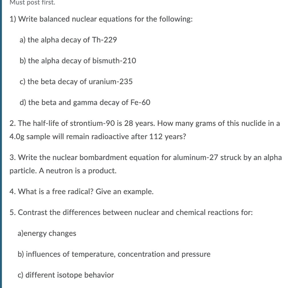 Solved Must Post First. 1) Write Balanced Nuclear Equations | Chegg.com