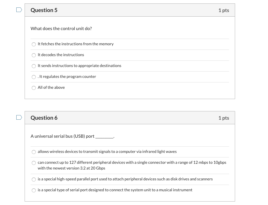 Solved Question 5 1 pts What does the control unit do? It | Chegg.com