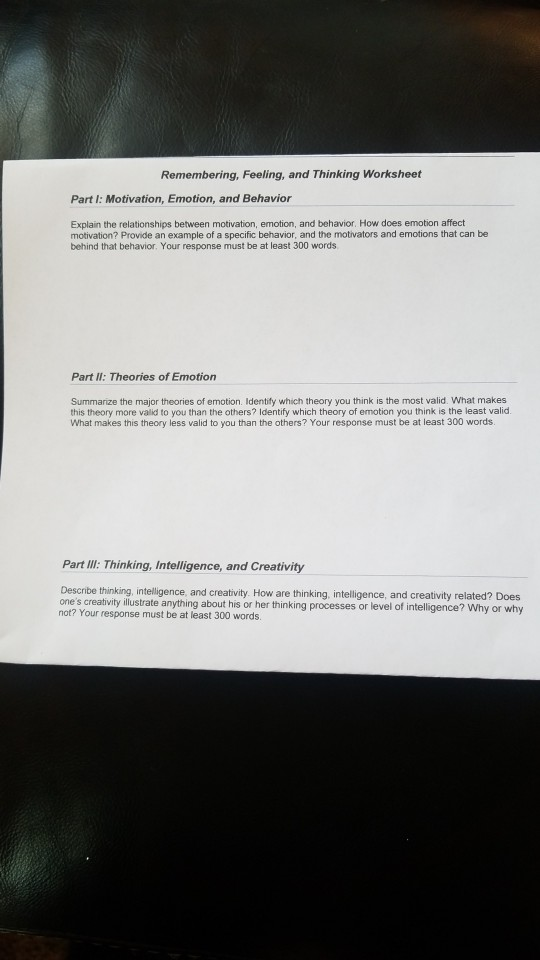 Solved Remembering, Feeling, and Thinking Worksheet Part I: | Chegg.com