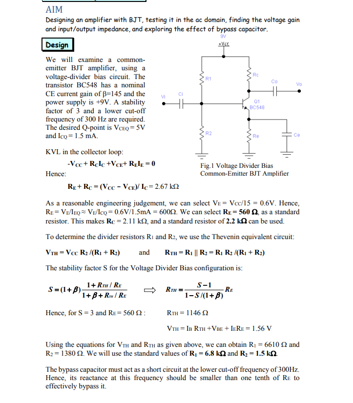 Solved AIM Designing An Amplifier With BJT, Testing It In | Chegg.com