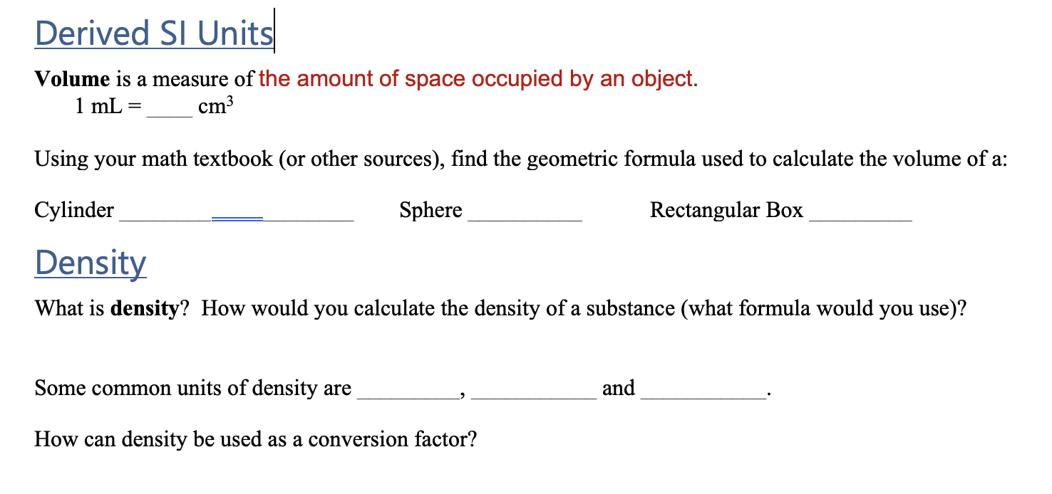 Solved Derived Si Units Volume Is A Measure Of The Amount Of Chegg Com