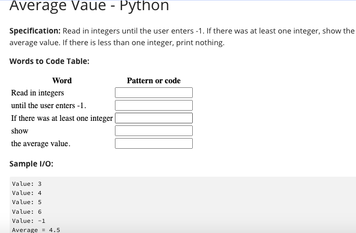 Solved Average Vaue - Python Specification: Read in integers | Chegg.com