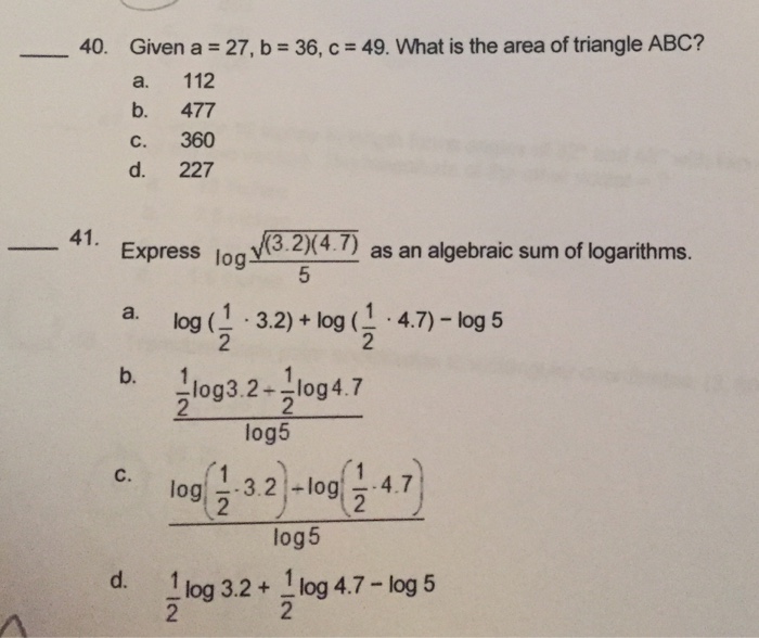 Solved Given a = 27, b = 36, c-49. What is the area of | Chegg.com