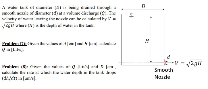 Solved A water tank of diameter (D) ﻿is being drained | Chegg.com