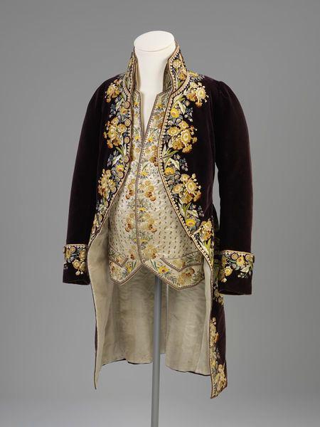 Costume of a banker during the reign of King Louis XV of France, 1723-1774.  In wig, gold-embroidered velvet jacket, waistcoat and breeches, with bags  of money. Financier. Regne de Louis XV. Handcoloured