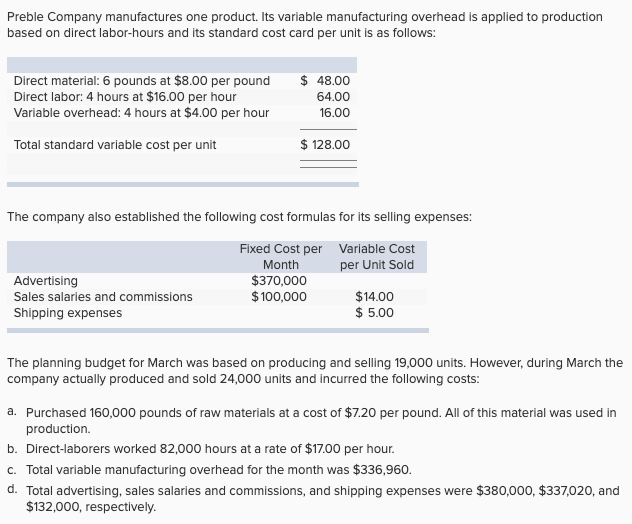 Solved Preble Company manufactures one product. Its variable