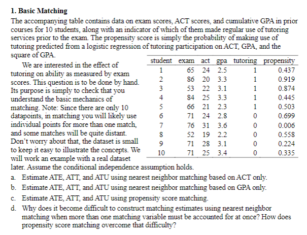 Solved 1. Basic Matching The accompanying table contains | Chegg.com