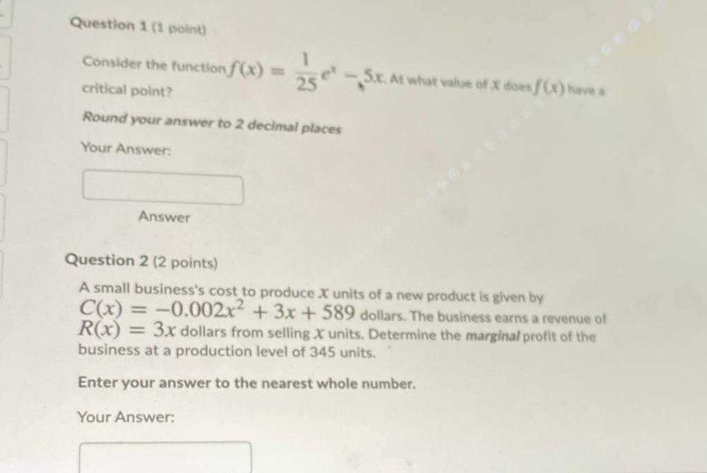 Solved Question 1 (1 point) 1 Consider the function f(x) = - | Chegg.com