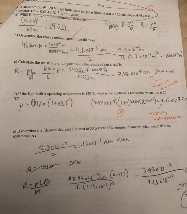 Solved A standard 60 W 120 V light bulb has a tungsten