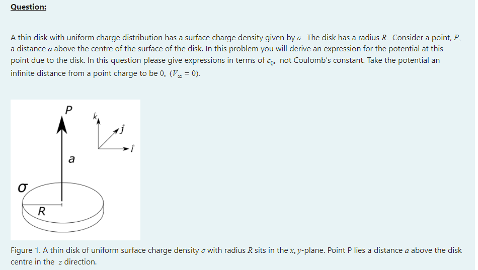 Solved Question: A thin disk with uniform charge | Chegg.com