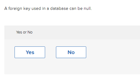 Solved A foreign key used in a database can be null. Yes or | Chegg.com