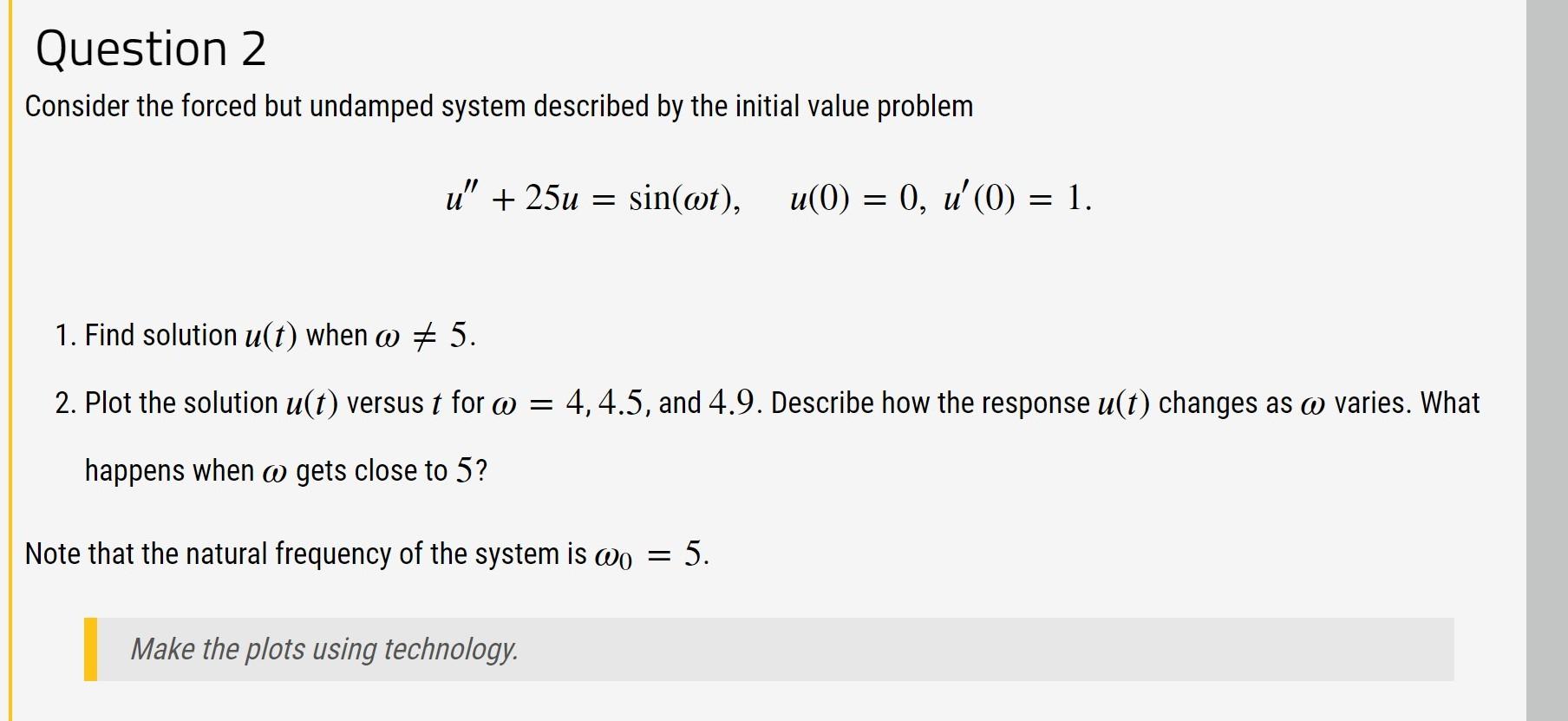 Solved Question 2 Consider the forced but undamped system | Chegg.com
