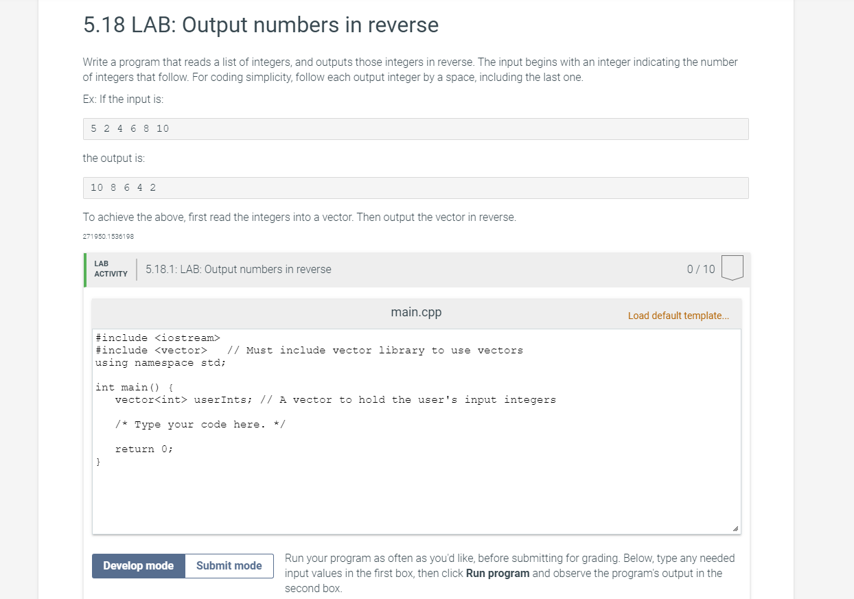 5.18 LAB: Output numbers in reverse Write a program | Chegg.com