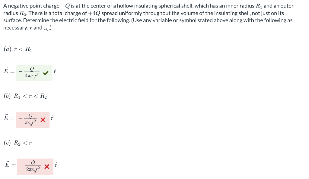 A negative point charge \( -Q \) is at the center of a hollow insulating spherical shell, which has an inner radius \( R_{1} 