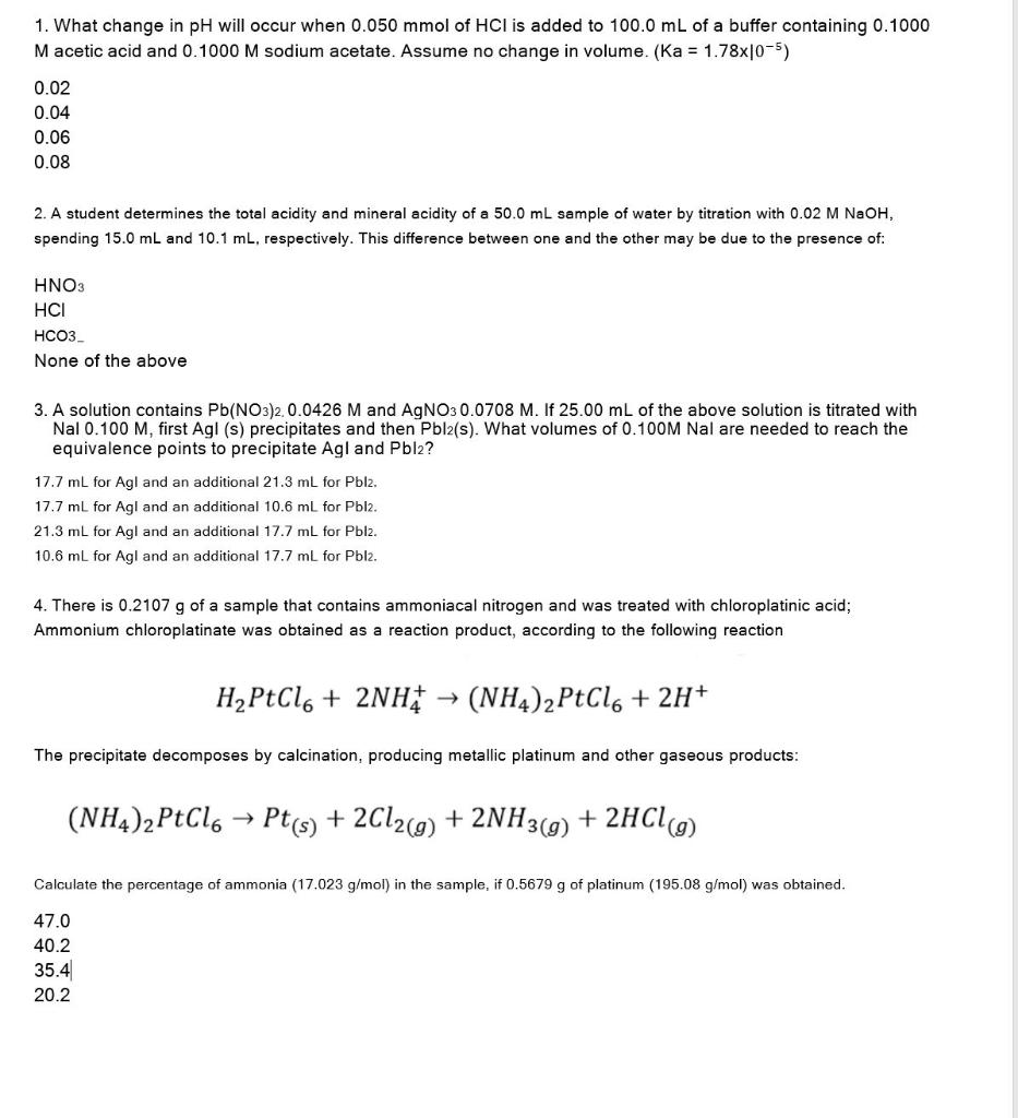 Solved 1. What change in pH will occur when 0.050mmol of HCl | Chegg.com