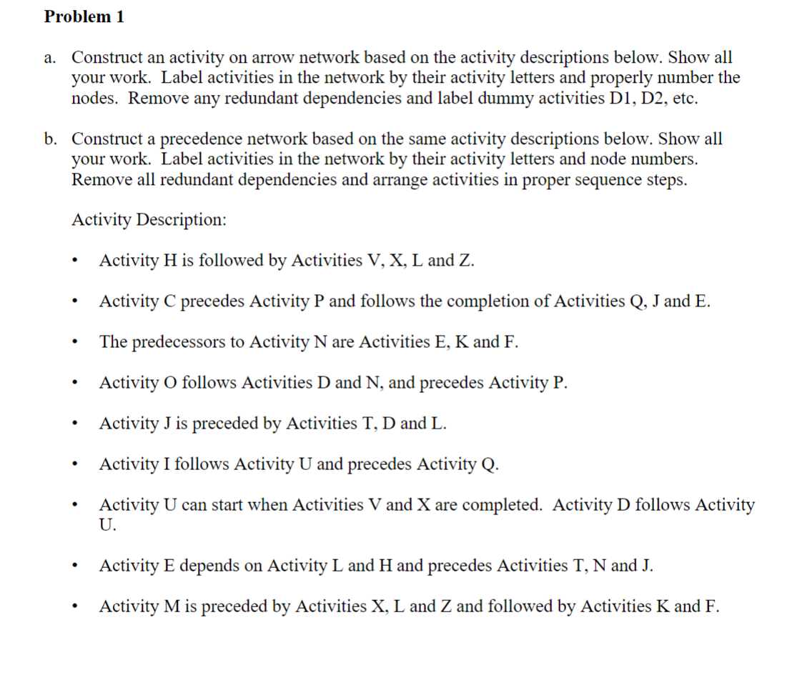 Solved Problem 1 A Construct An Activity On Arrow Networ Chegg Com