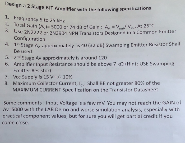 Solved Design a 2 Stage BJT Amplifier with t 1. Frequency 5 | Chegg.com